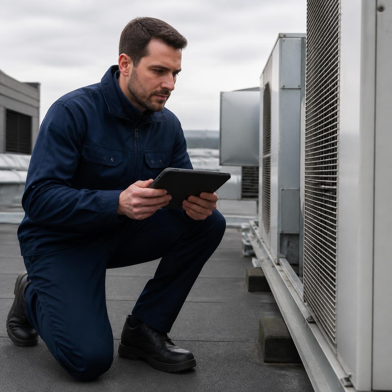 Technician documenting rooftop mechanical equipment during a commercial building review